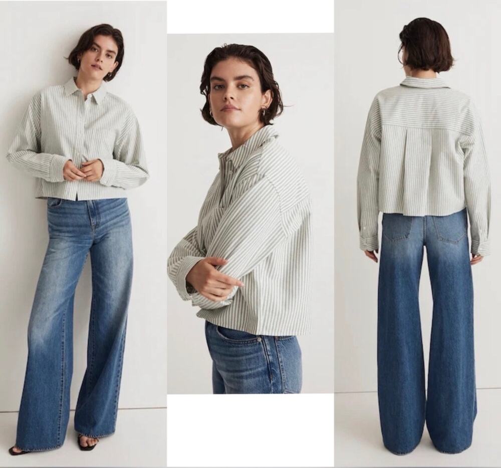 Madewell The Signature Oxford Crop Shirt Small Green Stripe Oversized Size Small